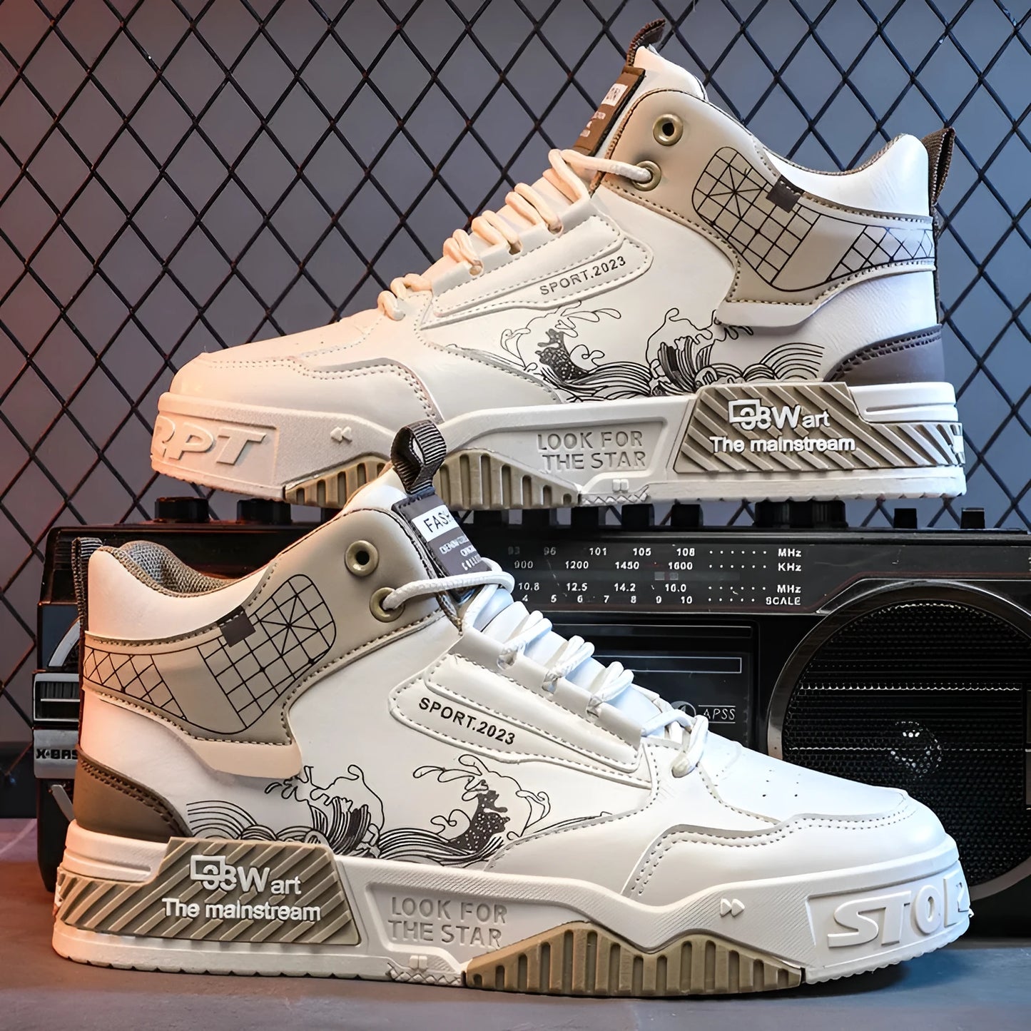 Men's beige, white, and blue high-top board shoes with lace-up front and rubber sole.