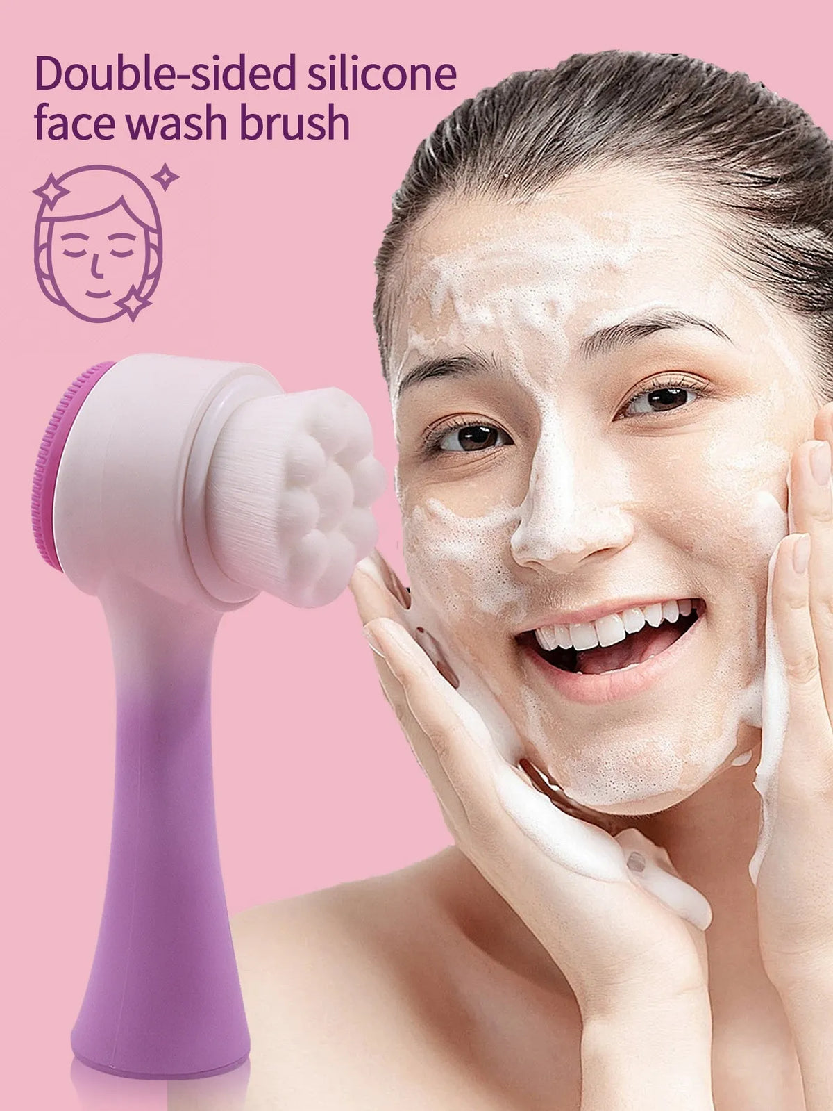 Facial brush set with coral fleece hair band and four nylon-bristle brushes in purple, grey, white, or pink colours