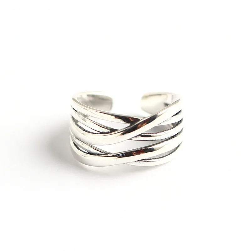 Women's S925 sterling silver ring with vintage weave pattern in retro silver colour