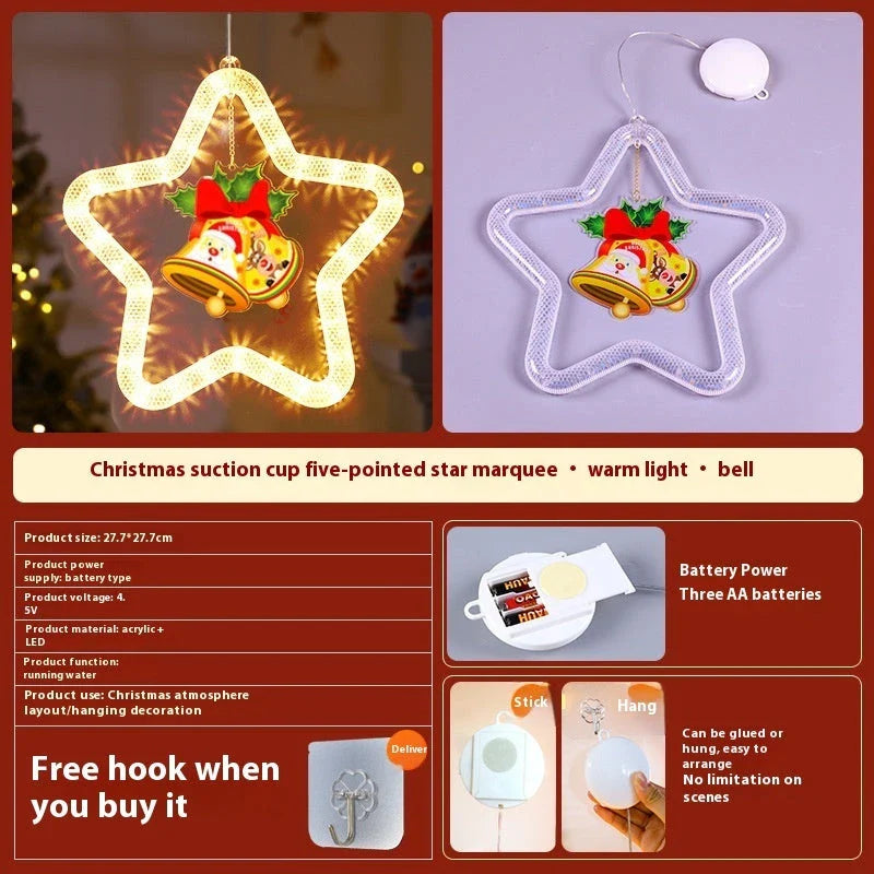 Festive LED Christmas star pendant light with five-point design, perfect for holiday decorations on windows, doors, and more