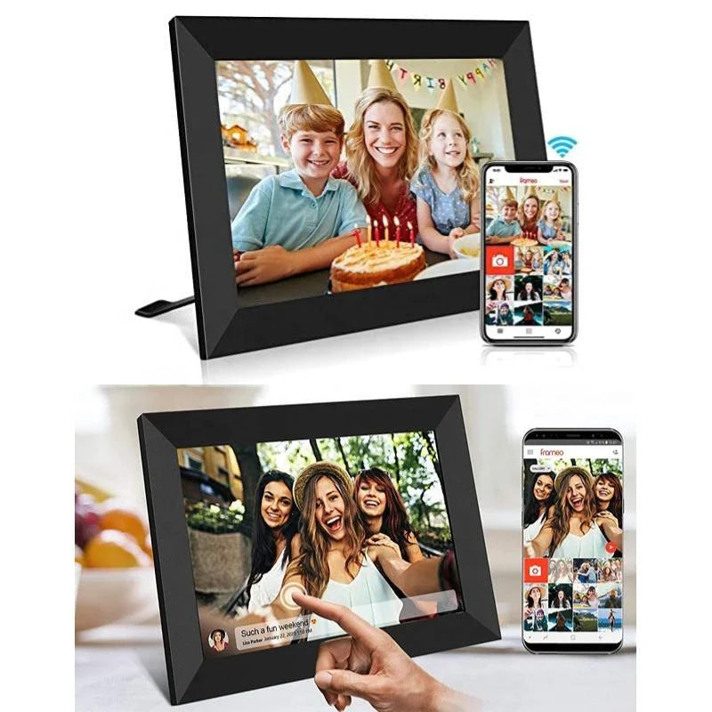 10-inch smart WiFi digital photo frame with rotatable display, allowing you to showcase your cherished memories in portrait or landscape orientation.