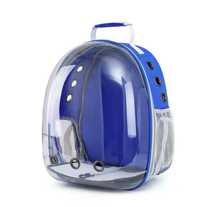 Grey PC plastic side opening pet carrier backpack for cats on a white background.