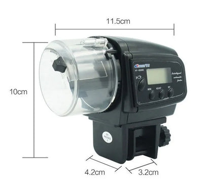Black digital automatic aquarium fish feeder AF 2009D, 110 x 100 x 68mm plastic timer unit with mounting stickers