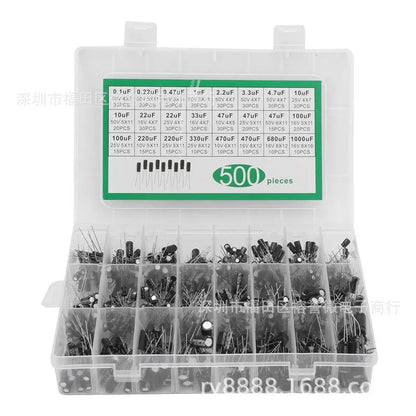 500PCs in-line electrolytic capacitor sample kit box with 24 specifications, aluminium foil and electrolytic paper