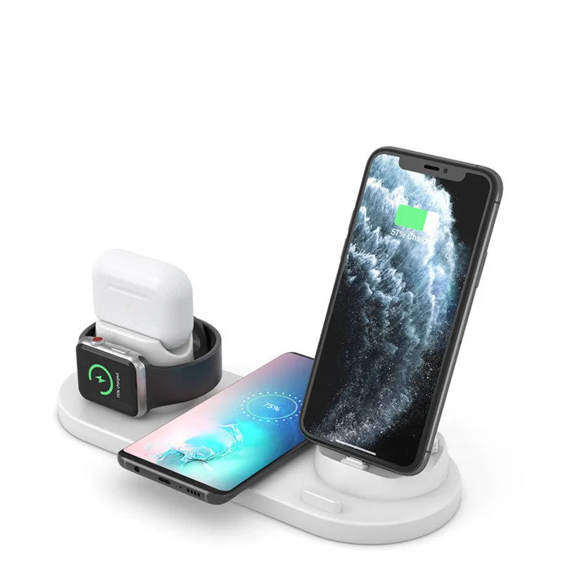 Black 6-in-1 wireless charging station with phone in holder, AirPods case, and smartwatch on charging spots.