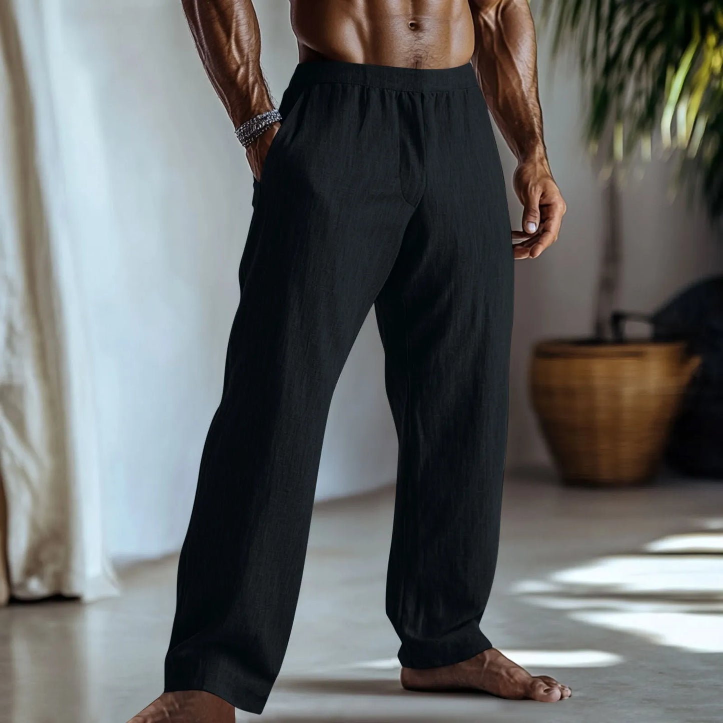 Straight leg cotton linen trousers in light green, shown with side pockets and a casual fit.