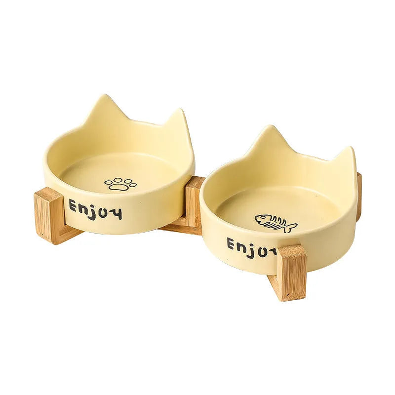 Porcelain cat bowl with cat ear design in 2-in-1 configuration for food and water