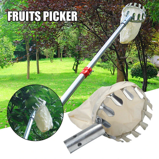 High-quality fruit picker tool with sturdy metal frame and reinforced cloth bag for effortless fruit harvesting from tall trees