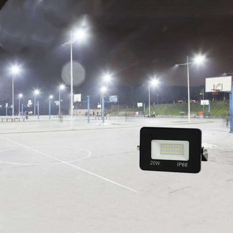 Black LED flood light with aluminium shell and glass cover, IP65 waterproof, 120° beam angle, 10W to 300W, cool white.
