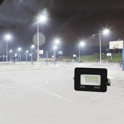 Black LED flood light with aluminium shell and glass cover, IP65 waterproof, 120° beam angle, 10W to 300W, cool white.