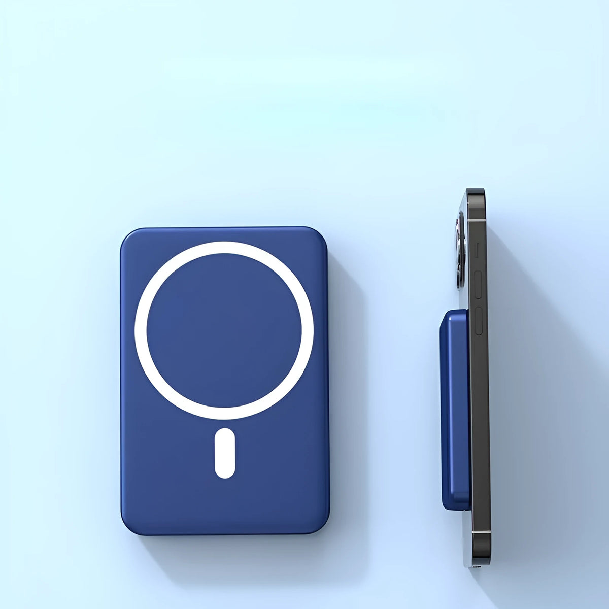 Ultra-thin black magnetic wireless power bank with 10000mAh capacity next to an iPhone.