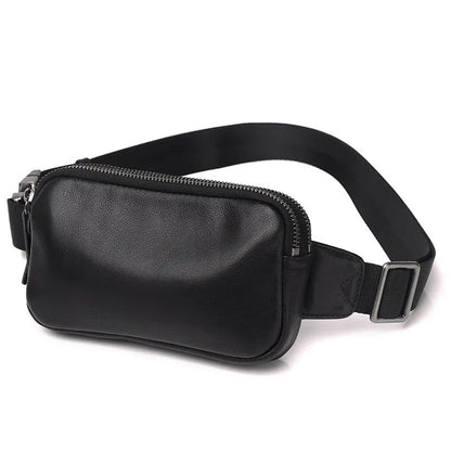 Men's small leather crossbody bag in black showing compact dimensions and crossbody strap