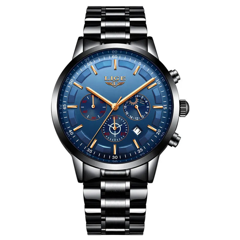 Men's waterproof sports watch in black with blue and rose gold colour options