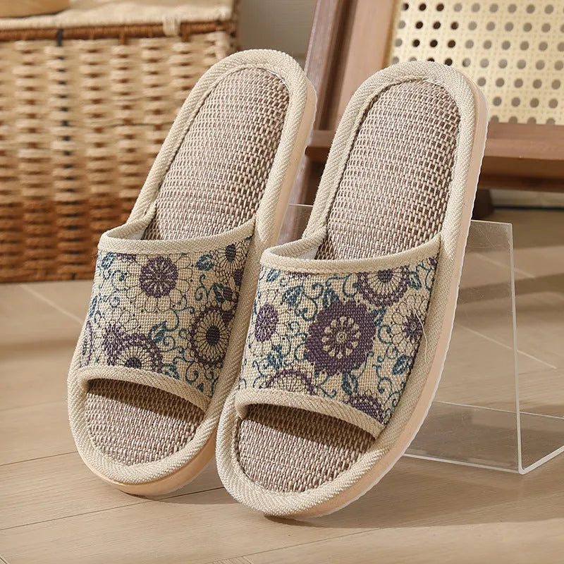 Women's open-toe linen slippers with thick sole in light brown colour.