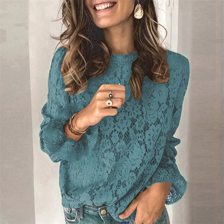 Women's loose fit hollow lace street shirt in green, showing round neck and long sleeves.
