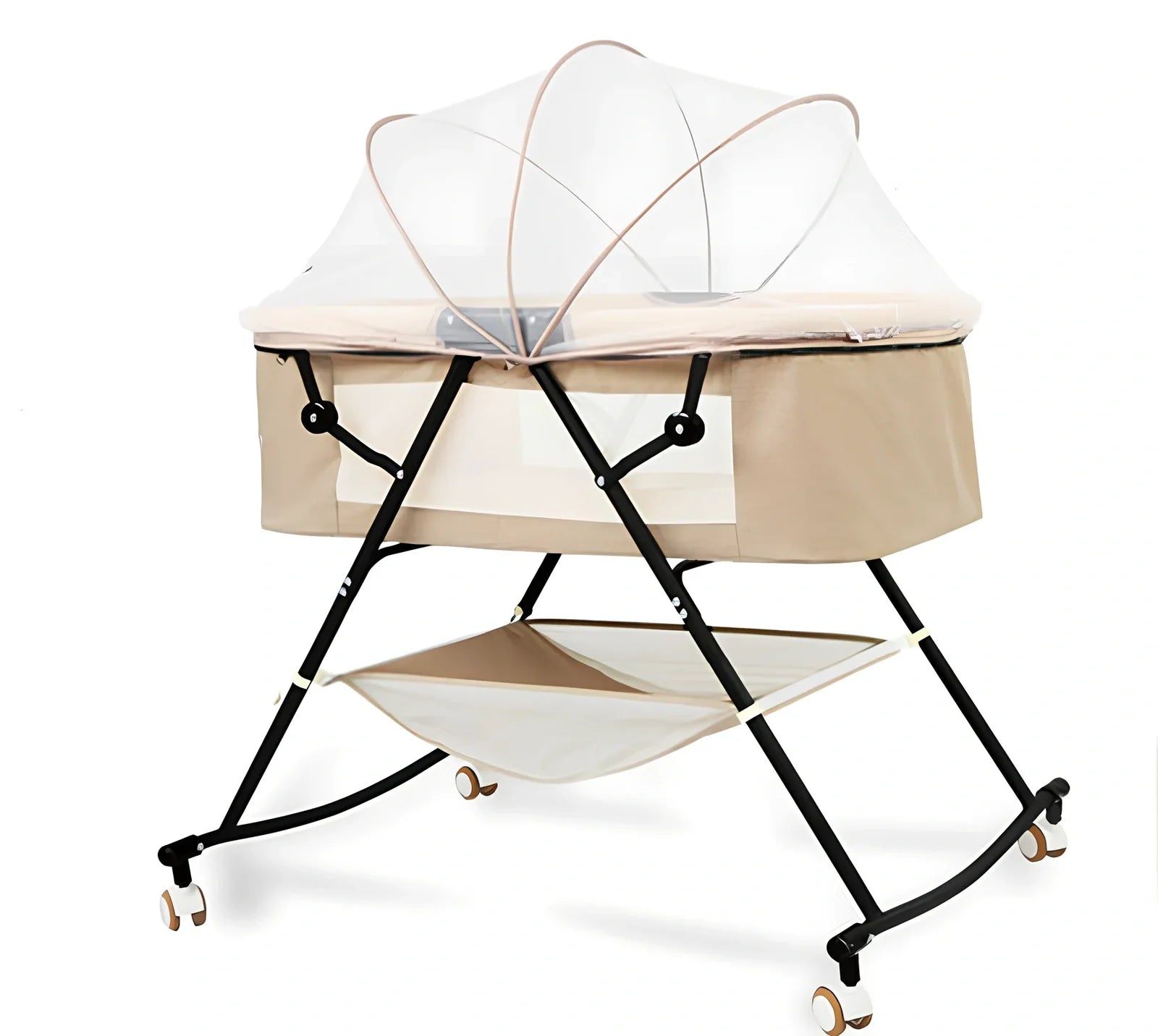 Foldable baby crib with mosquito net and roller wheels in European design