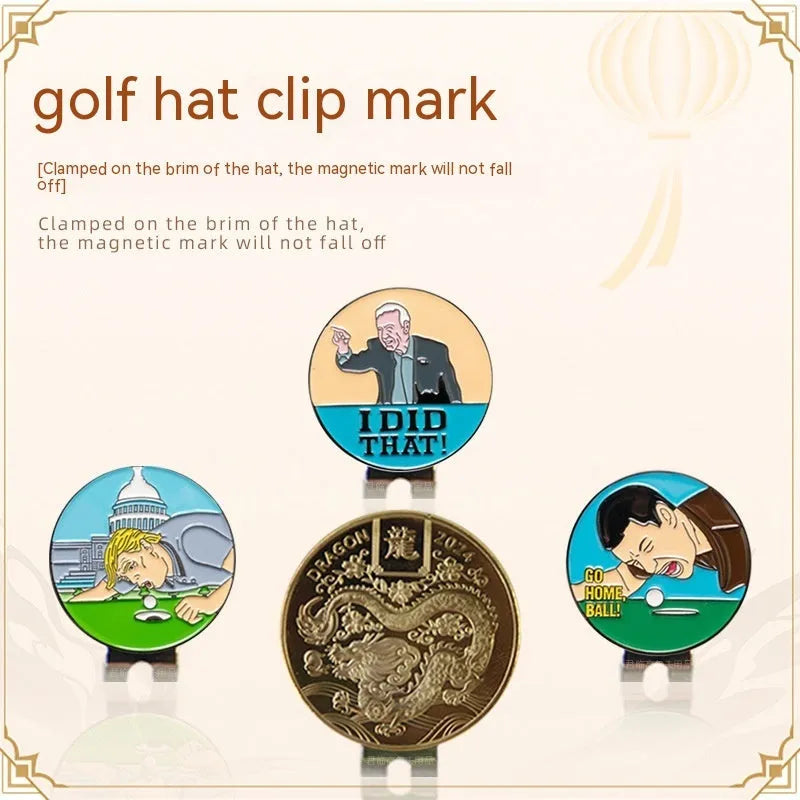 Golf hat clip in zinc alloy with personalised metal craft designs for promotional gifts, birthday presents and tournament prizes, available in Dragon Year, ace lick ball, IDID and black hair blowing machine patterns, supplied with one clip per order