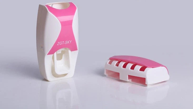 Dust proof automatic toothpaste squeezer and toothbrush holder set in black, blue, or red