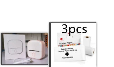Compact Bluetooth-enabled thermal label printer in white, pink, and green colors with various label options