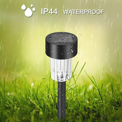 Solar lawn light with LED illumination in garden setting, measuring 55mm by 55mm by 350mm
