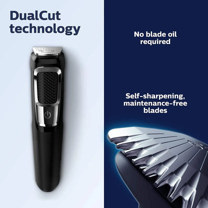 Standard colour multifunctional nose and beard hair clippers with cleaning brush on a white background.