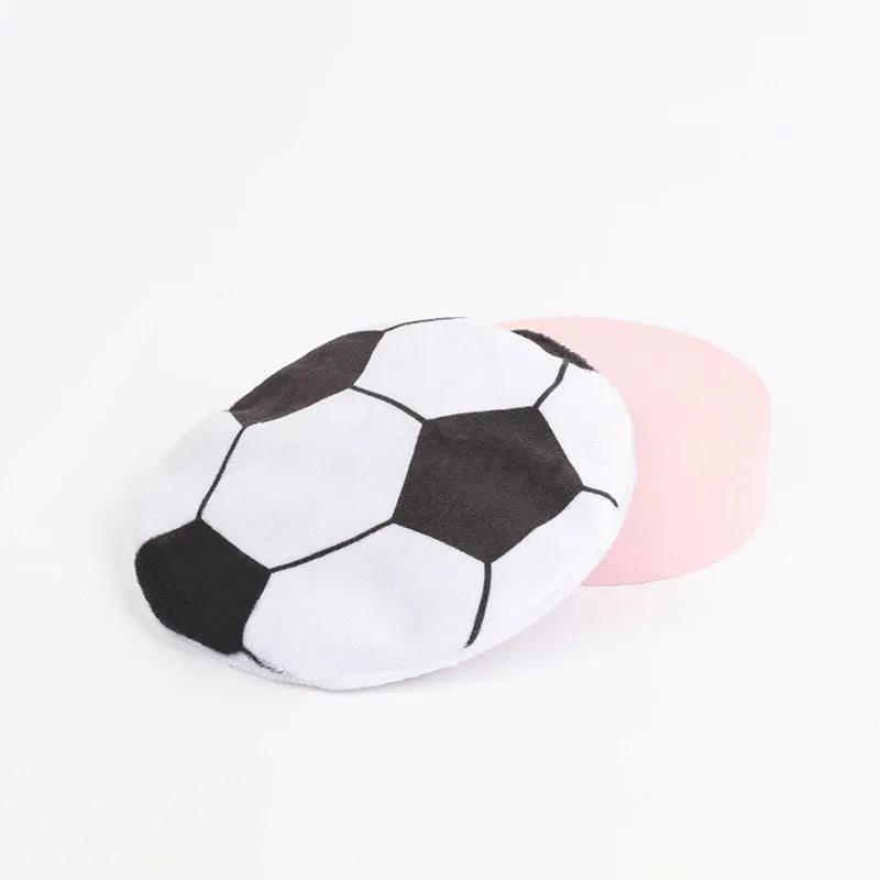 Soft plush cat flying disc toy with sports ball print, containing catnip and a crinkle layer, measuring 5cm.