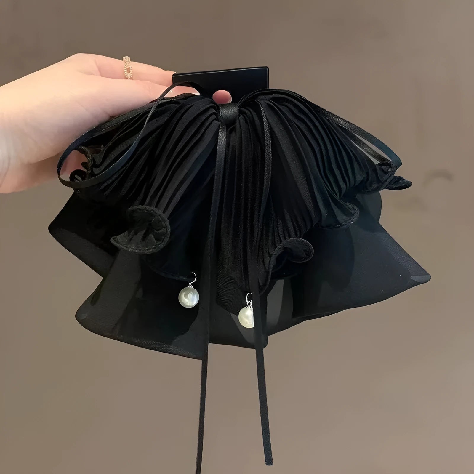 Korean style black chiffon bow ribbon ponytail grip cloth hair accessory