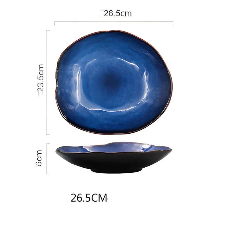 Deep blue irregular ceramic flat plate, 20.5cm diameter with kiln glaze, smooth surface for easy cleaning