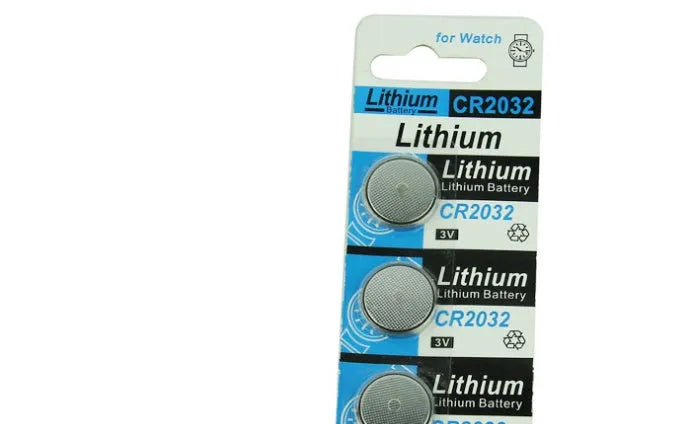 Card of five CR2032 3V lithium button batteries for electronics and remote controls.