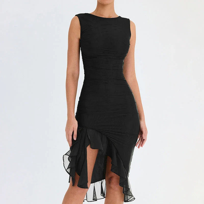 Chic sleeveless sheath dress in various colors, featuring a unique collage/splicing design and a form-fitting silhouette