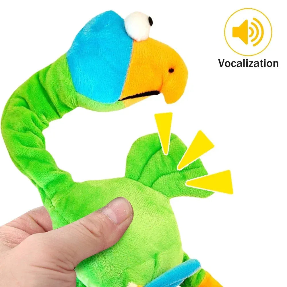 Screaming chicken sound dog chew toy in black, green and orange colours