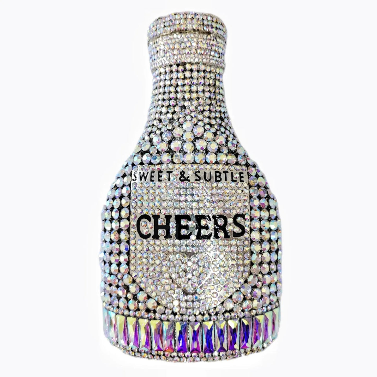 Gold hard-shell clutch bag shaped like a champagne bottle with a synthetic leather interior.