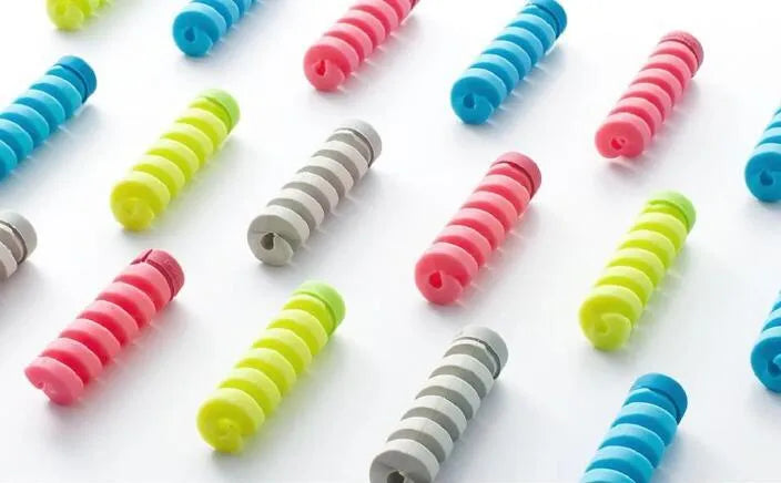Plastic charging cable protector sleeve shown in various colours including black, blue, pink and yellow.