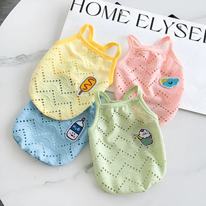 Light blue mesh pet vest with adjustable straps on a mannequin, showing breathable design for dogs and cats.