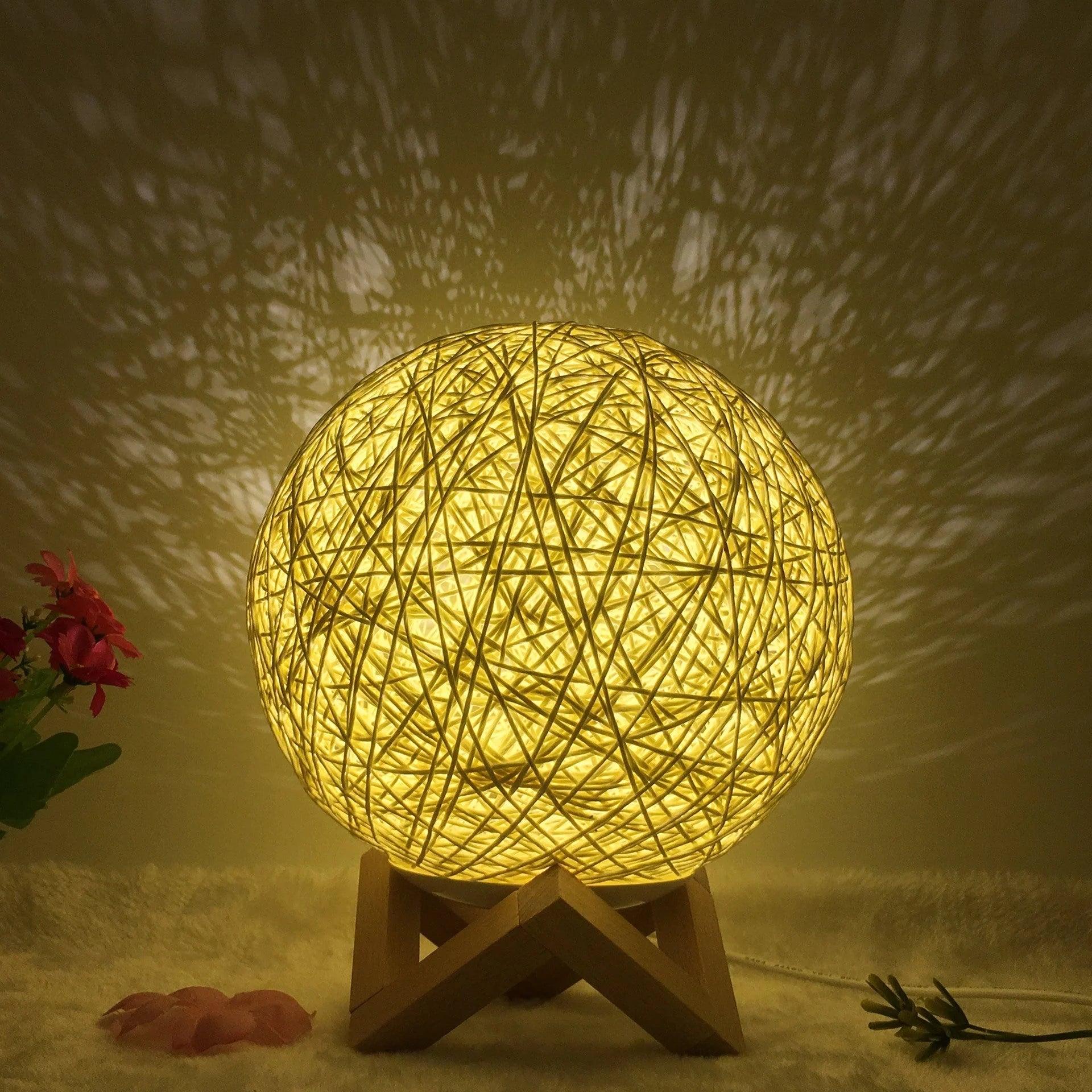 LED rattan table lamp with hand-knit linen shade in various colours
