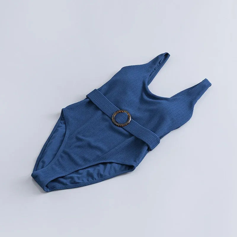 Women's one-piece slimming triangle swimsuit with chest pad: navy blue solid colour design for swimming and wading sports, available in five sizes from S to XXL with specific weight recommendations.