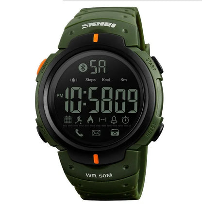 Men's black and army green Bluetooth smart watch with 50mm dial on PU strap.