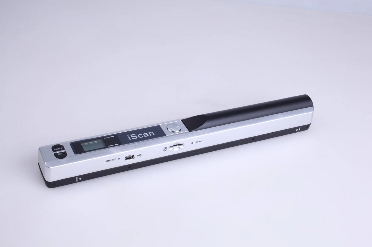 Handheld plastic scanner shown in one of five colour options: black, blue, green, red, or silver.