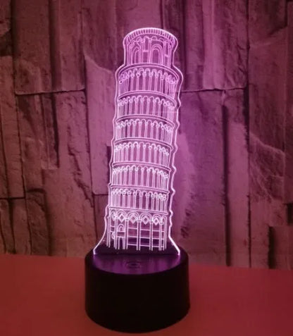 3D Leaning Tower of Pisa acrylic night light with multi-colour LEDs on a black square base