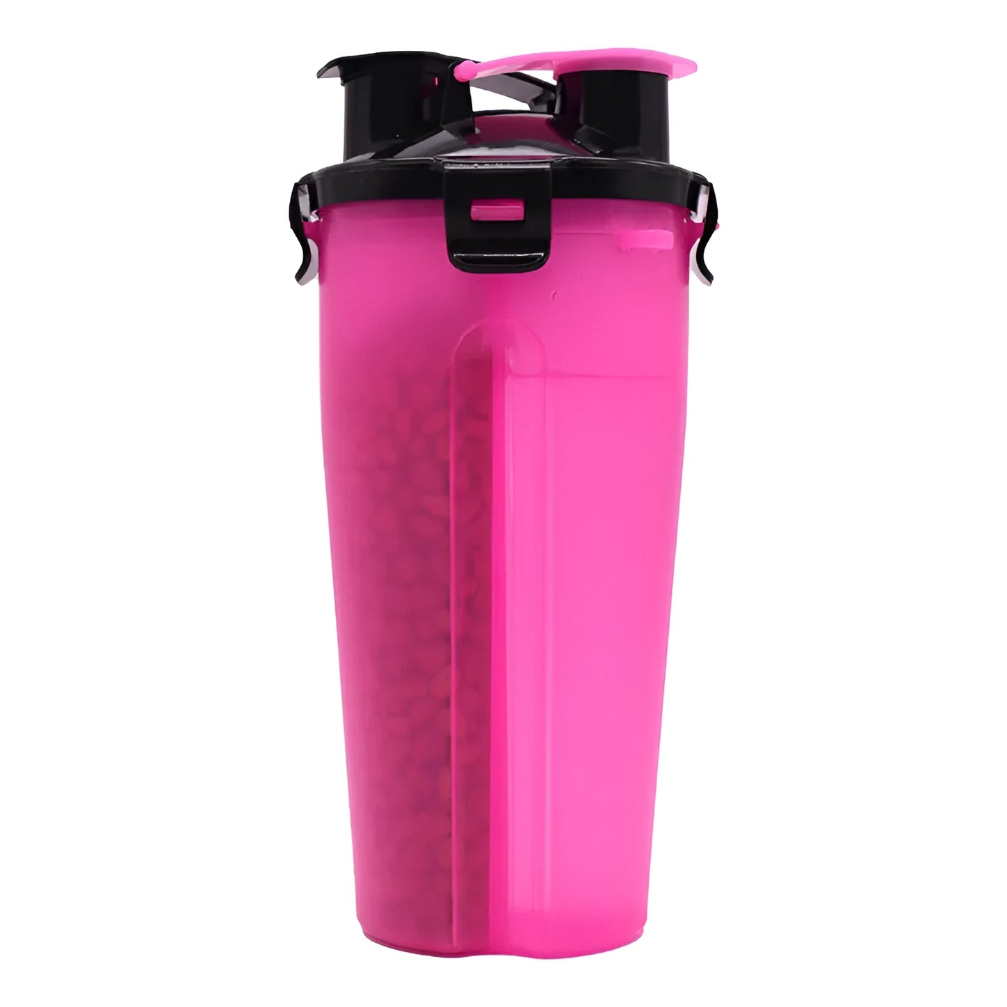 White portable pet water and food cup with separate compartments, shown with blue lid.