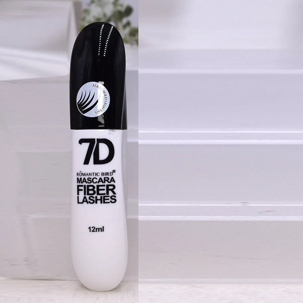 Black 7D mascara tube with brush showing separated lashes in waterproof formula