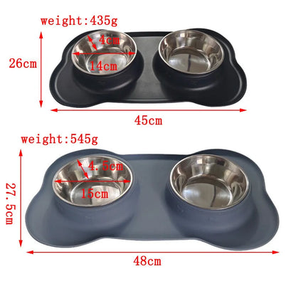 Large silicone dog bowl with stainless steel insert in five colour options on kitchen floor