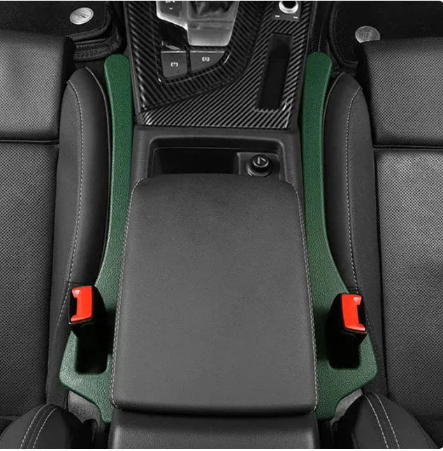 Polyurethane car seat gap filler strip in assorted colours on a car seat.