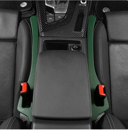 Polyurethane car seat gap filler strip in assorted colours on a car seat.