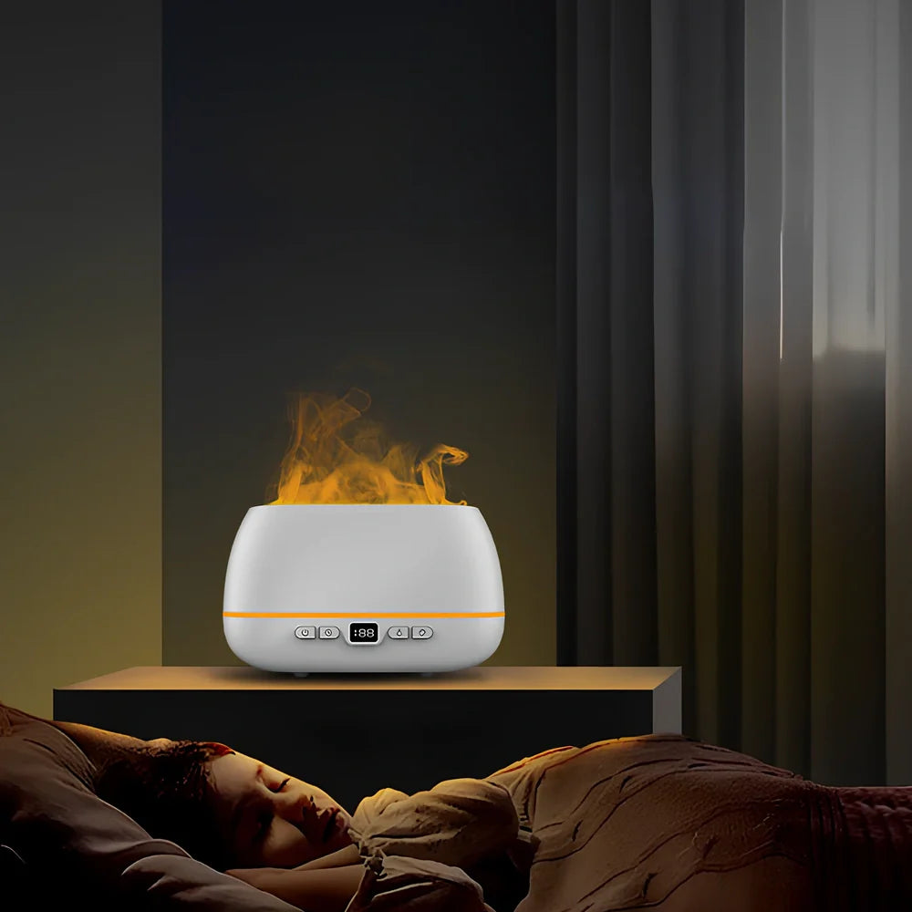 White 200ml USB flame humidifier with colour lights, remote, 226x127x87mm size for aromatherapy diffusion