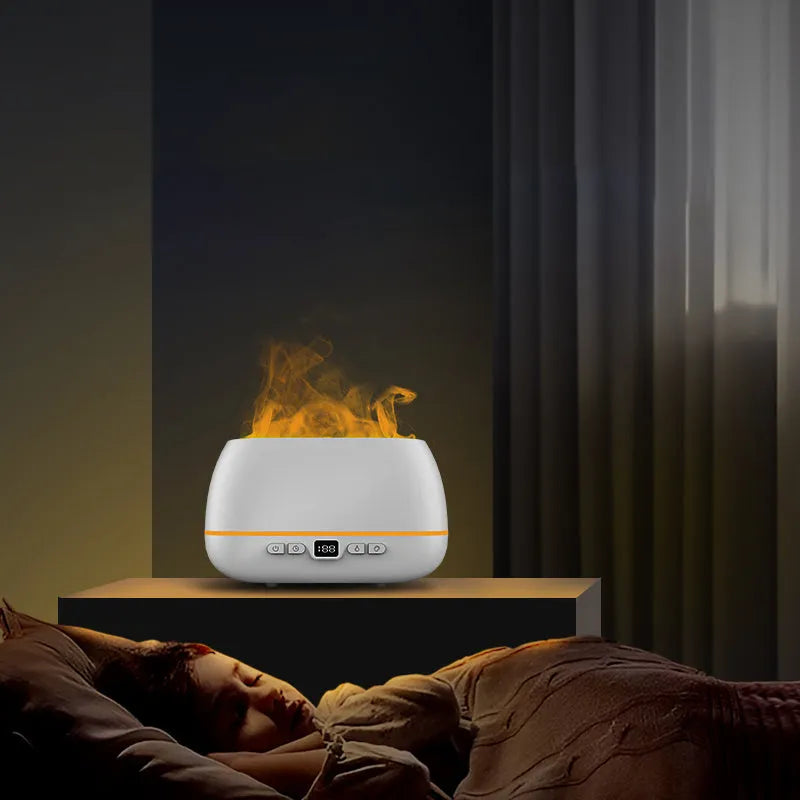 White 3D flame humidifier 200ml USB aroma diffuser with timer, remote control and colour changing light, 226 x 127 x 87mm