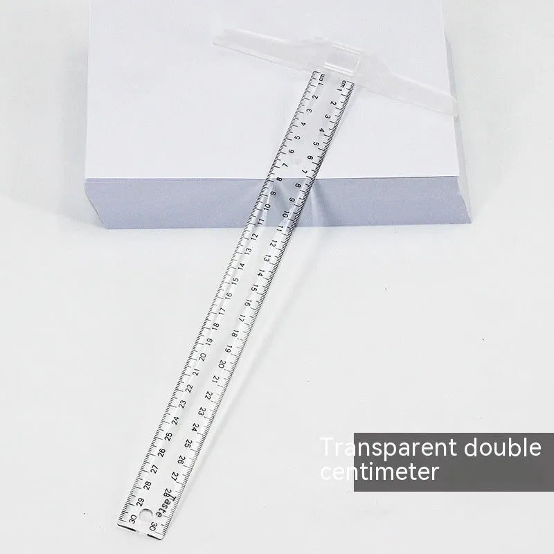 Plastic T-square ruler measuring 30cm with transparent or orange-yellow finish options.
