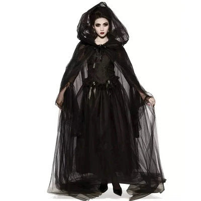 Enchanting Maleficent-inspired Halloween costume with horned headpiece, cape, and dress