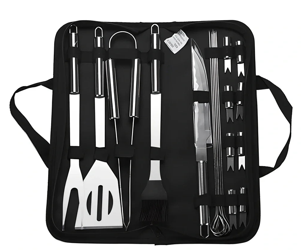 Silver 10-piece stainless steel BBQ tool set with shovel, fork, clip, strings, brush, and tote bag, sized 40x16.5x6cm for outdoor use