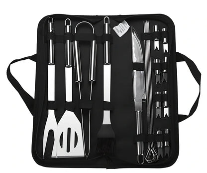 Silver 10-piece stainless steel BBQ tool set with shovel, fork, clip, strings, brush, and tote bag, sized 40x16.5x6cm for outdoor use